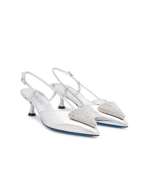 Silver laminated mirror synthetic leather jewel slingback pumps