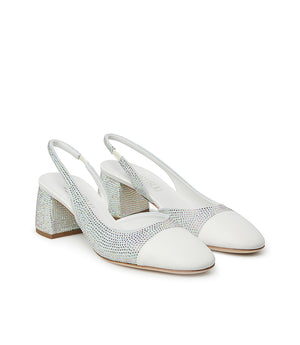 Crystal-embellished cream nappa leather and white suede slingback pumps