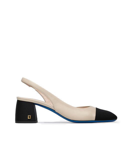 Slingback in nappa beige chiaro e tessuto Gros Grain nero con placca-logo