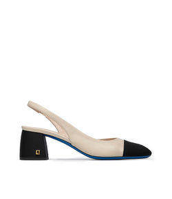 Logo-plaque Black Gros grain and light beige nappa leather slingback pumps