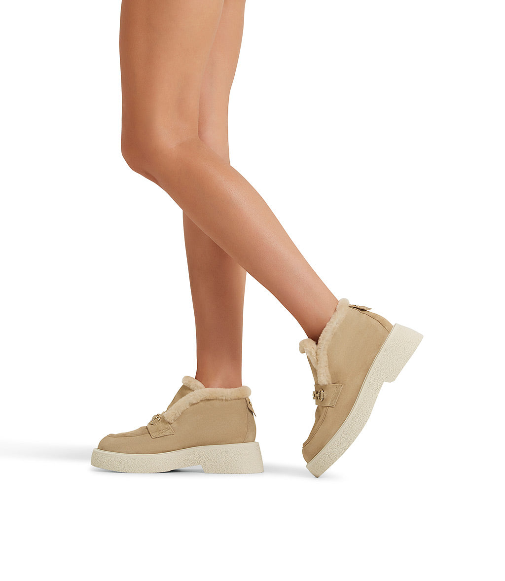 Champagne suede and shearling loafers