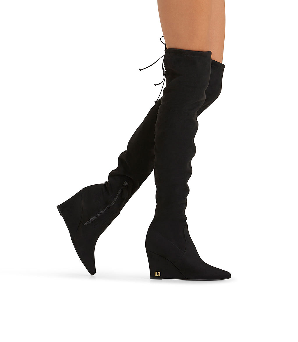 Black stretch suede wedge over-the-knee boots
