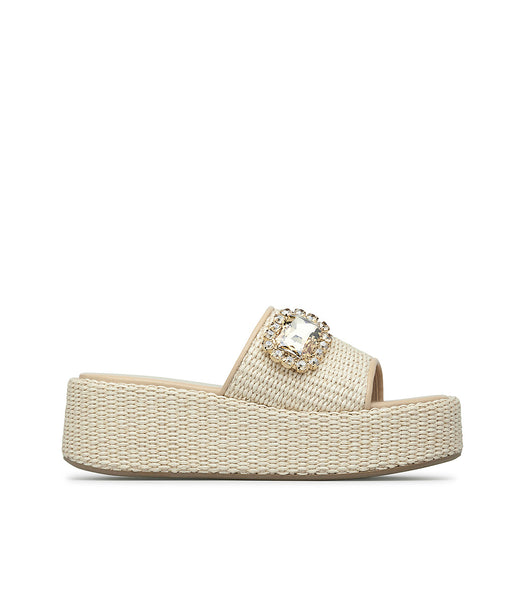 Jewel embellished sand leather and raffia wedge mules | Loriblu