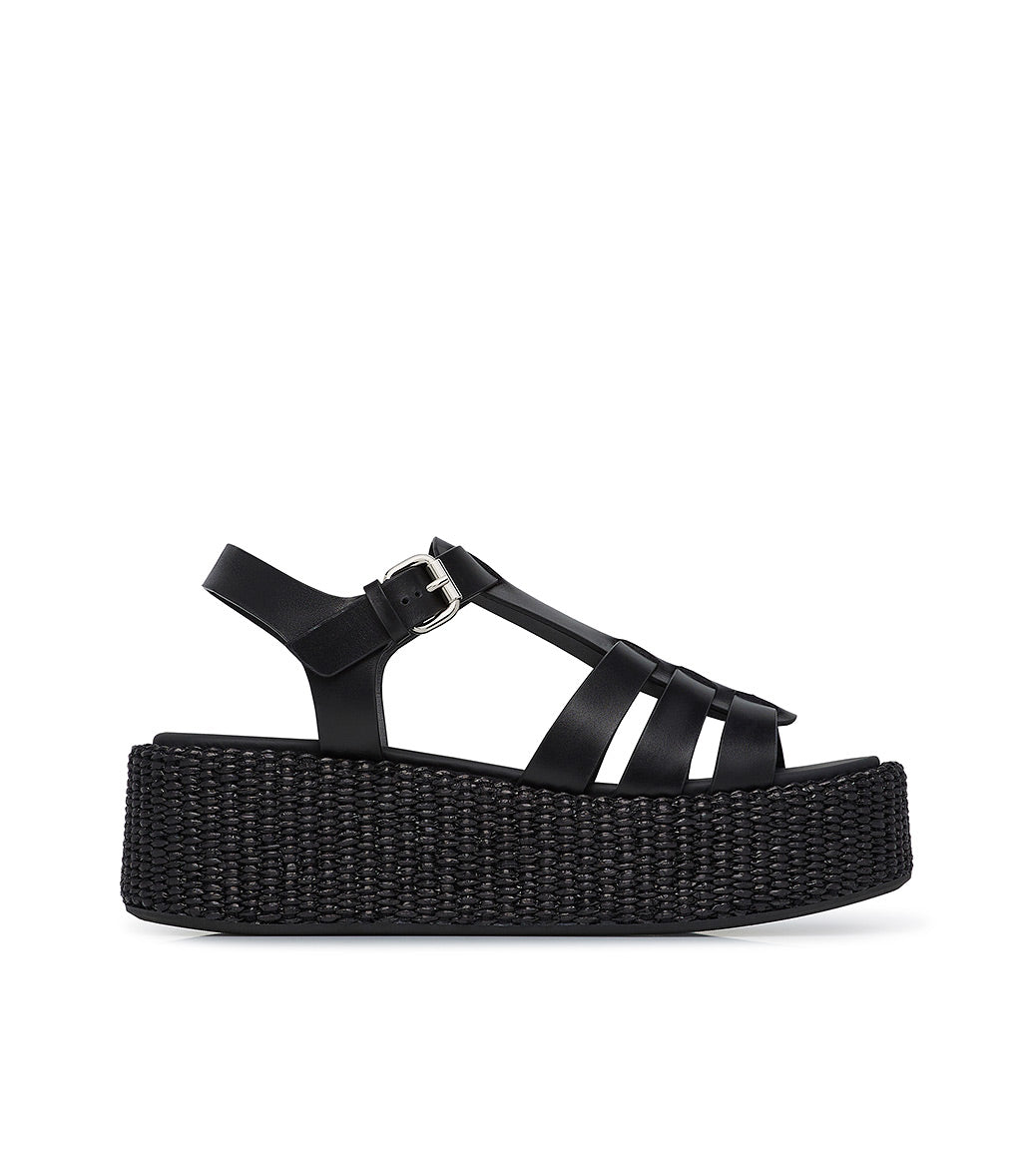 Black calfskin and raffia wedge sandal | Loriblu
