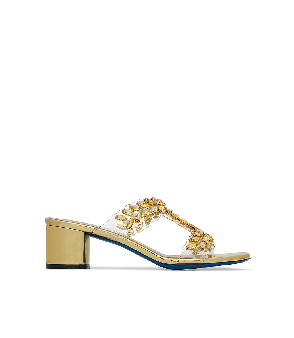 Set rhinestones gold leather and plexi mules | Loriblu