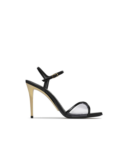 Sandalo in nappa specchio nero e plexi con tacco scultura in metallo oro