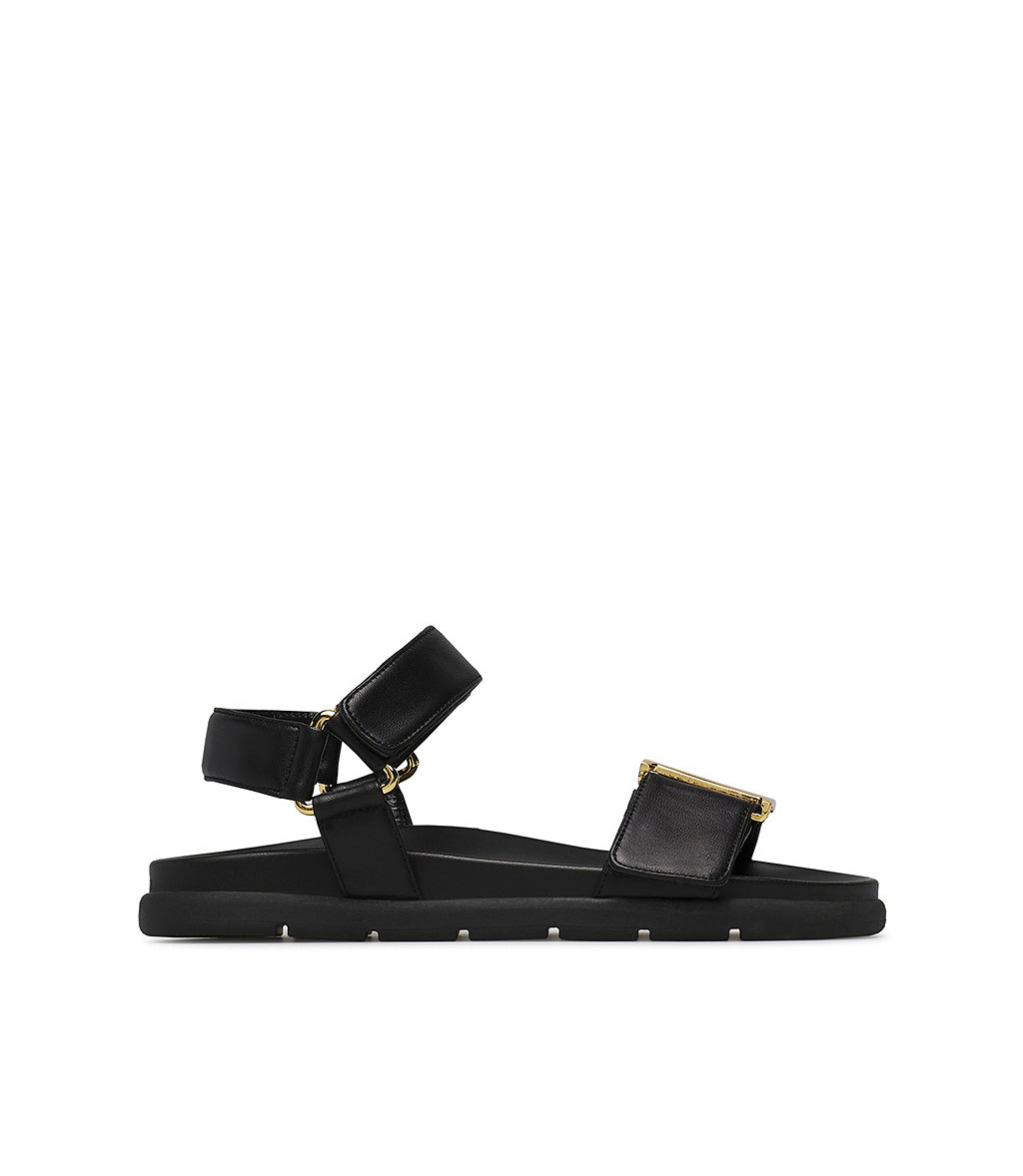 Flat black nappa leather sandals with gold metal Logo buckle  display picture 3