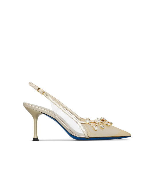  Nappa and platinum synthetic fabric jewel slingbacks