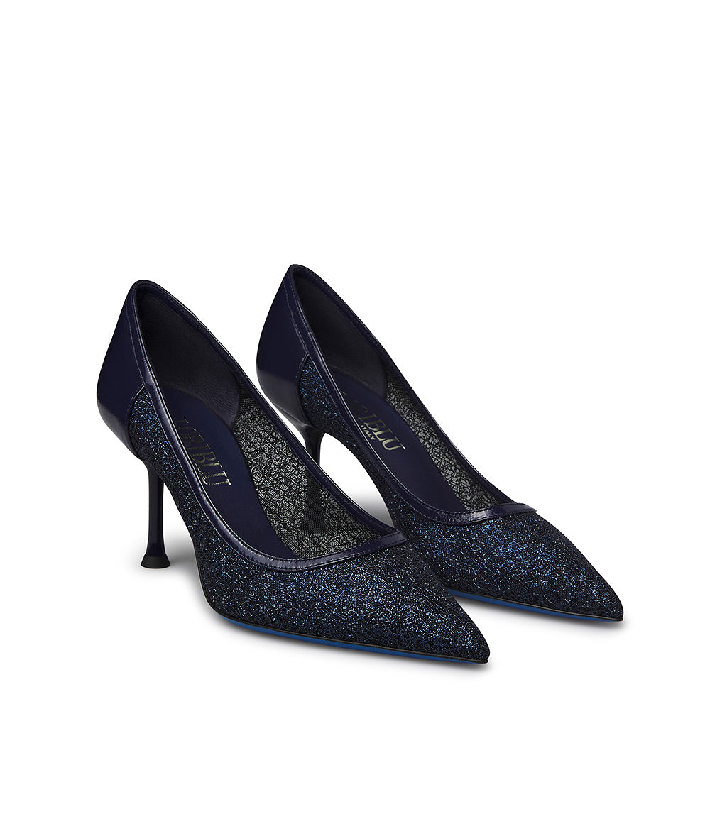 Blue patent leather and tricot pumps