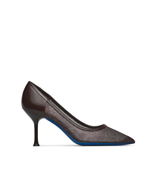 Brown patent leather and tricot pumps