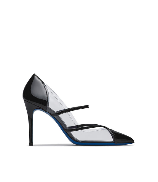 Black patent leather and plexi pumps