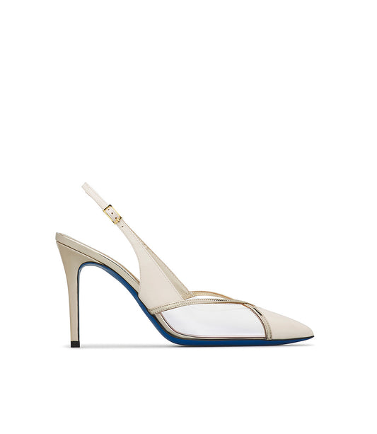 Milk-tone patent leather and plexi slingbacks