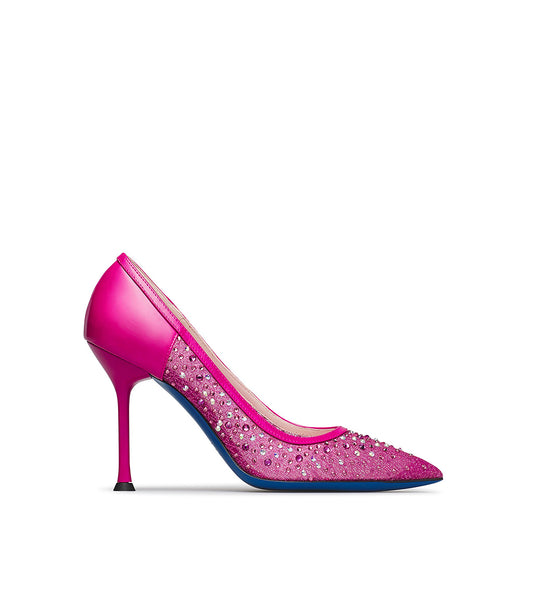Tricot and leather fucshia jewel pumps 