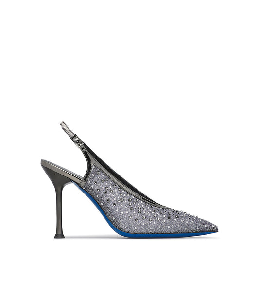 Charcoal-toned tricot and patent jewel slingbacks