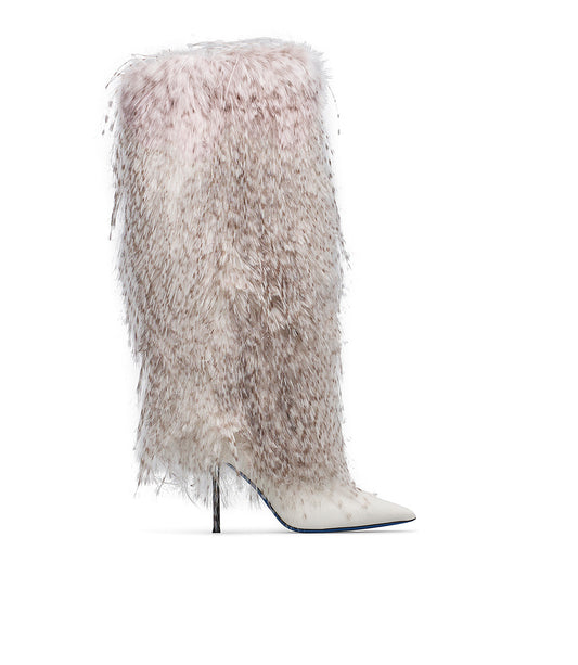 Yogurt-toned tubolar calfskin boots with faux-fur