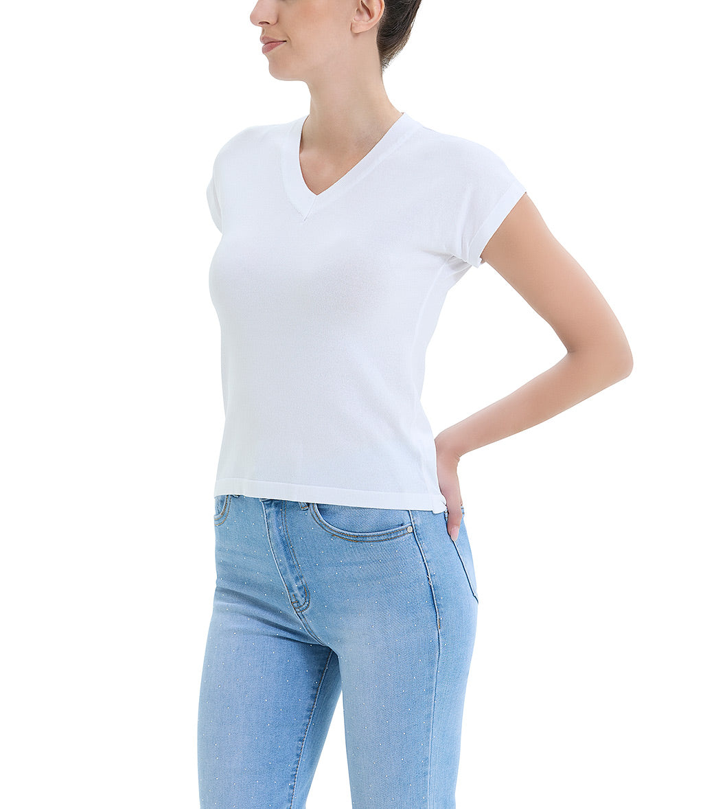 White viscose and nylon V-neck T-shirt - Main Image