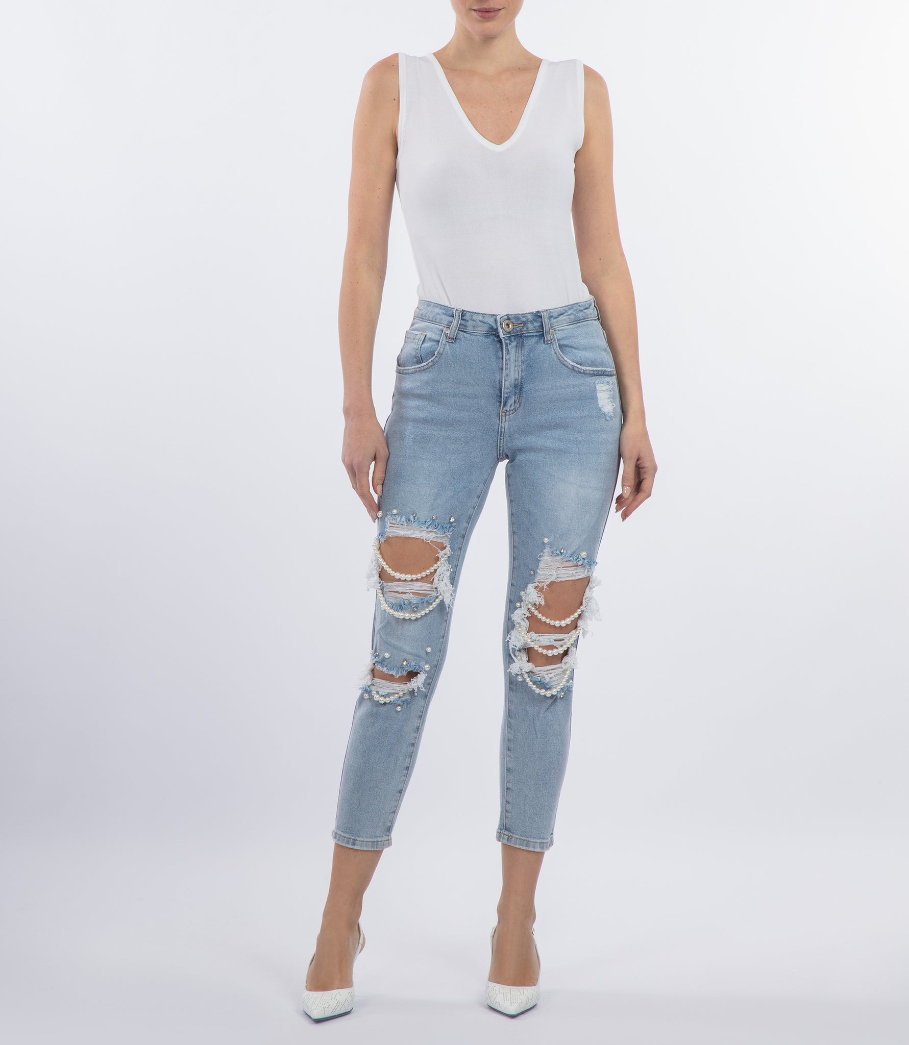 Beaded rips light blue slim-fit jeans – Loriblu.com