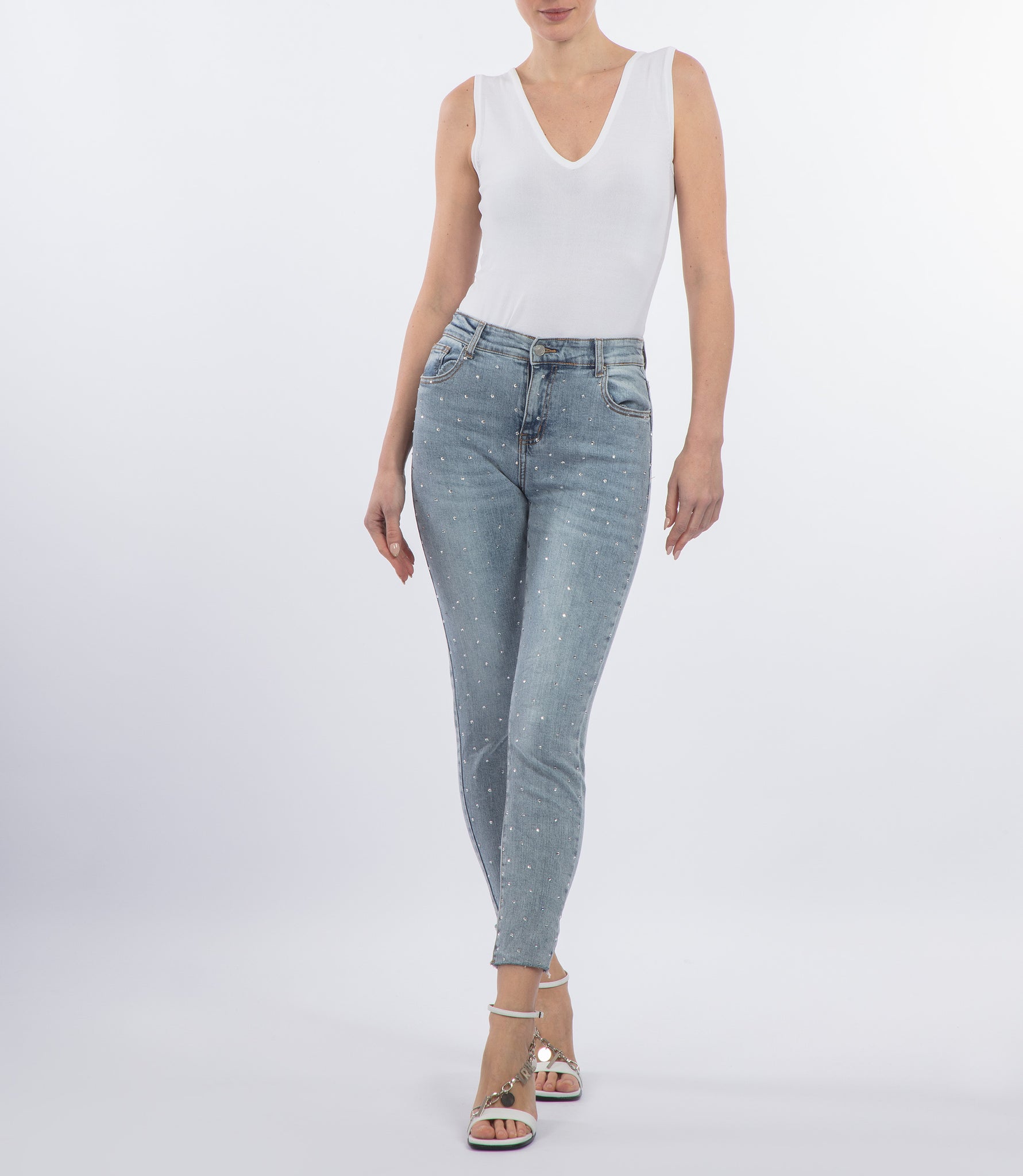 All-over rhinestones light blue slim-fit jeans – Loriblu.com
