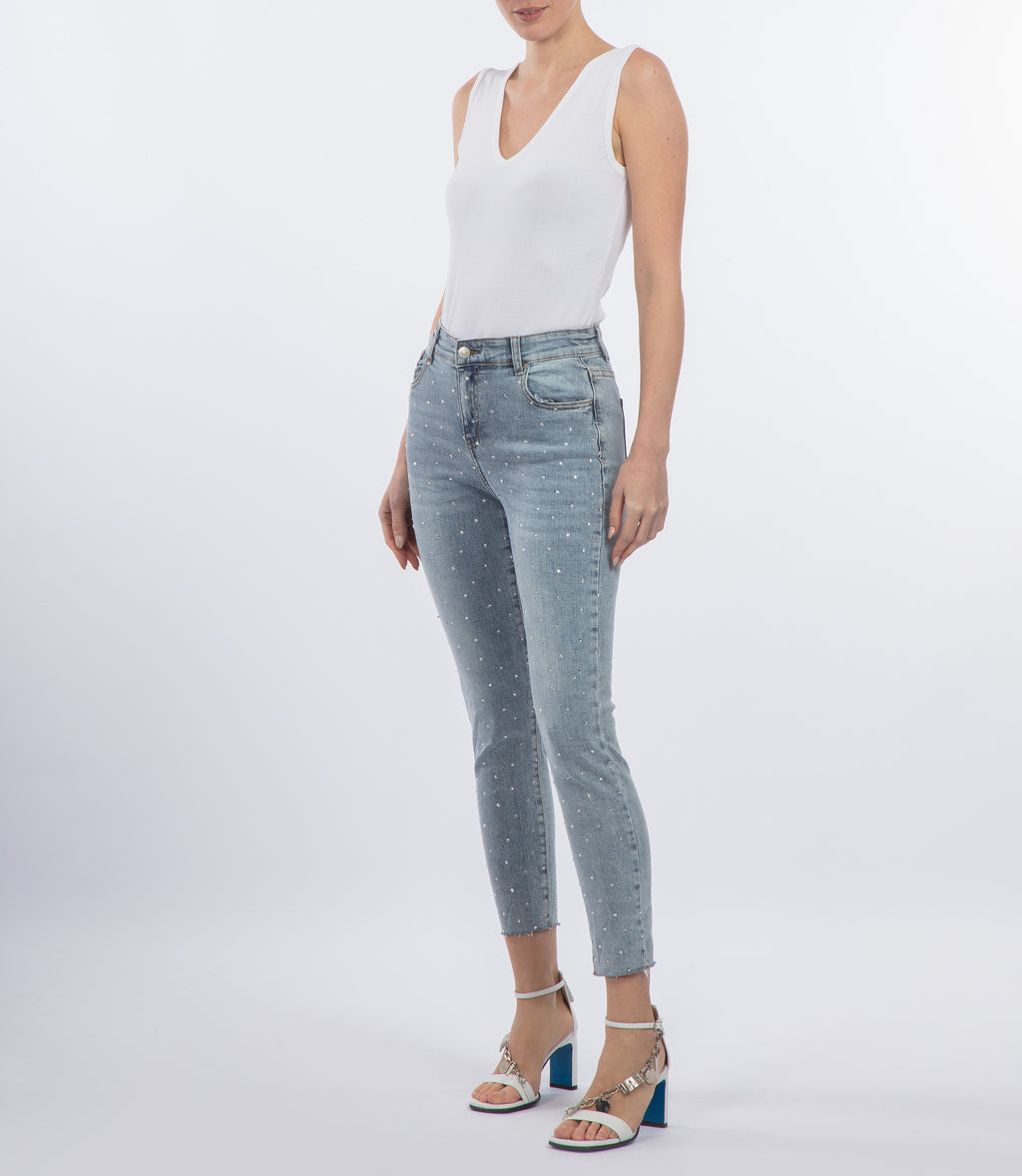 All-over rhinestones light blue slim-fit jeans – Loriblu.com